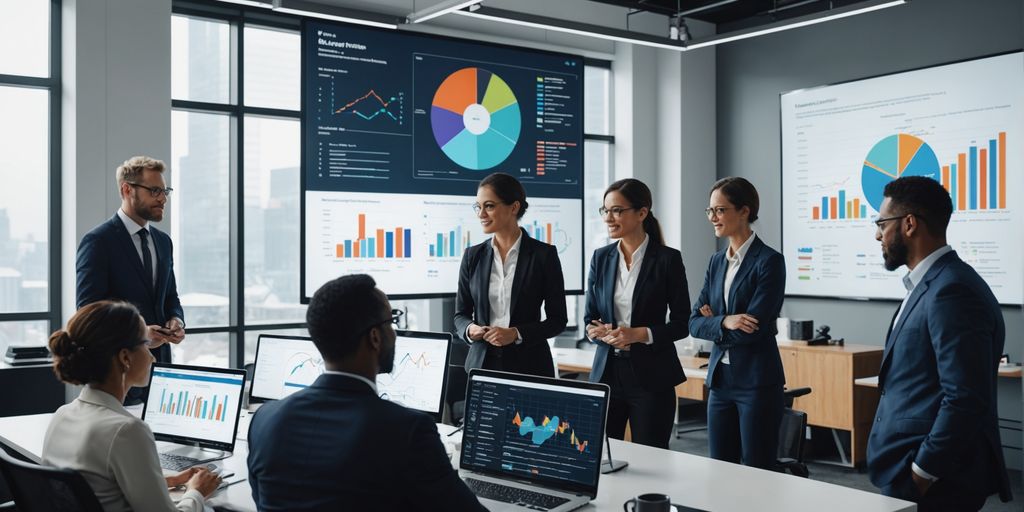 Professionals collaborating with AI graphics in the background.