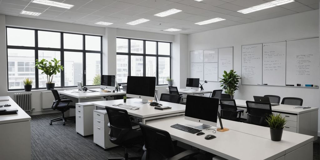 Modern office space with desks and computers.