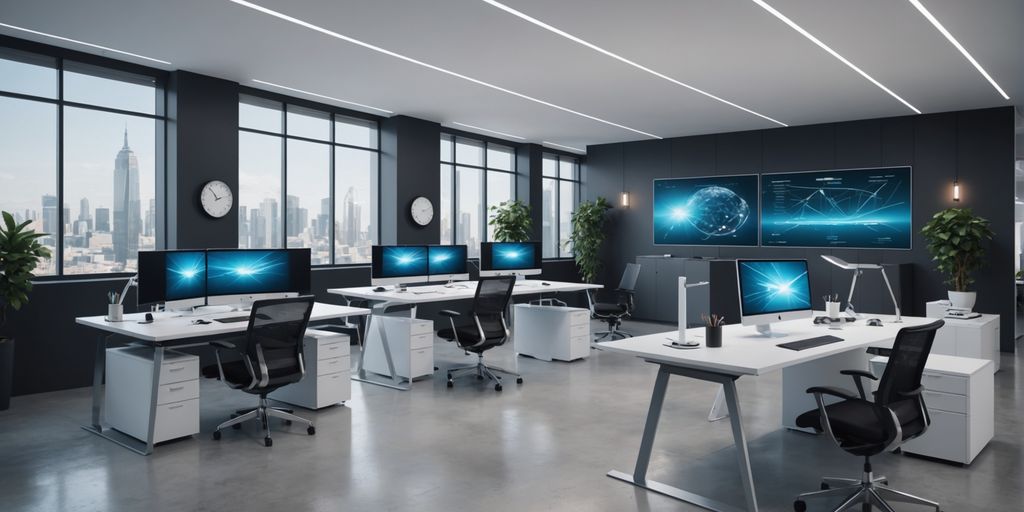 AI devices in a modern office resolving tasks quickly.