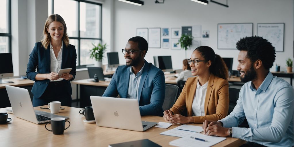 Professionals using AI voice communication in a modern office.