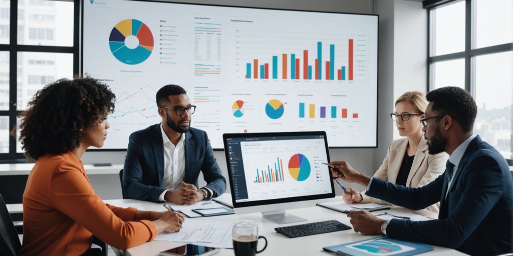 Professionals analyzing charts in a modern office.