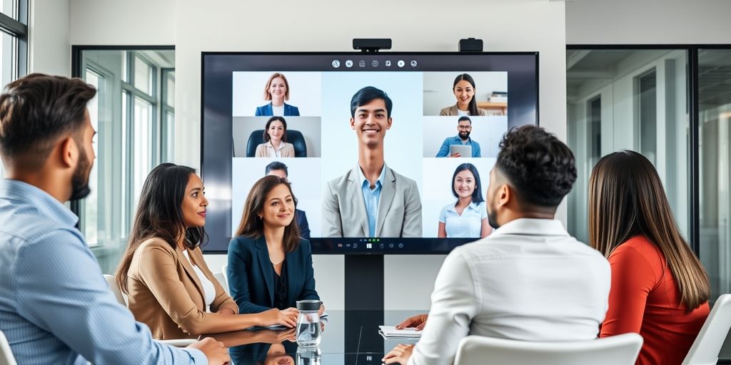 Business team video conferencing with AI assistant.