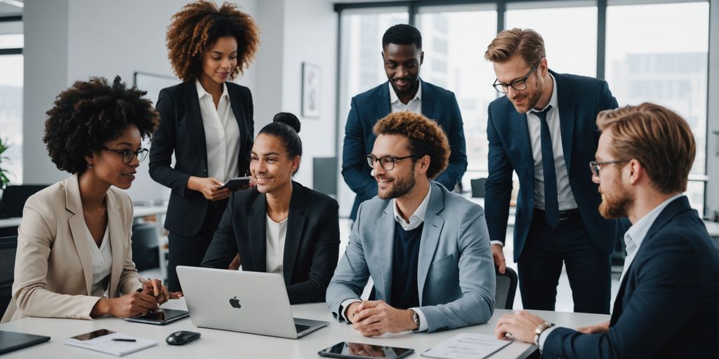 Professionals using AI voice tools in a modern office.
