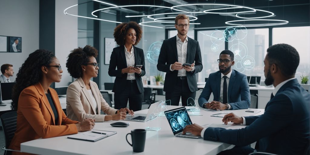 Professionals discussing with holographic voice interfaces.