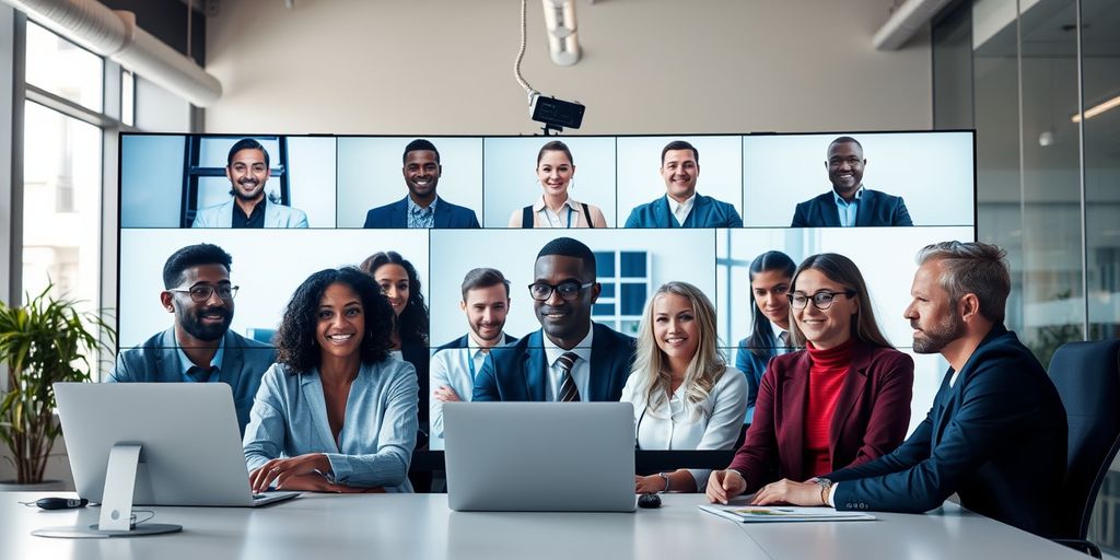 Professionals in a video conference with AI elements.