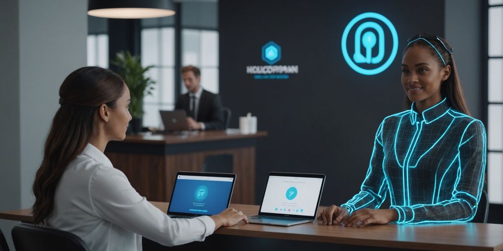 AI receptionist helping multiple customers in office