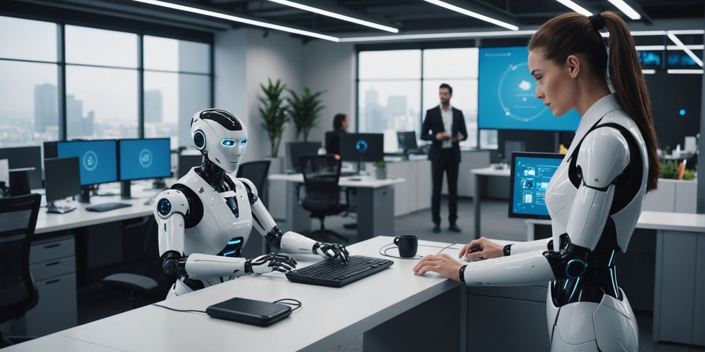 Human and robot working together in an office.