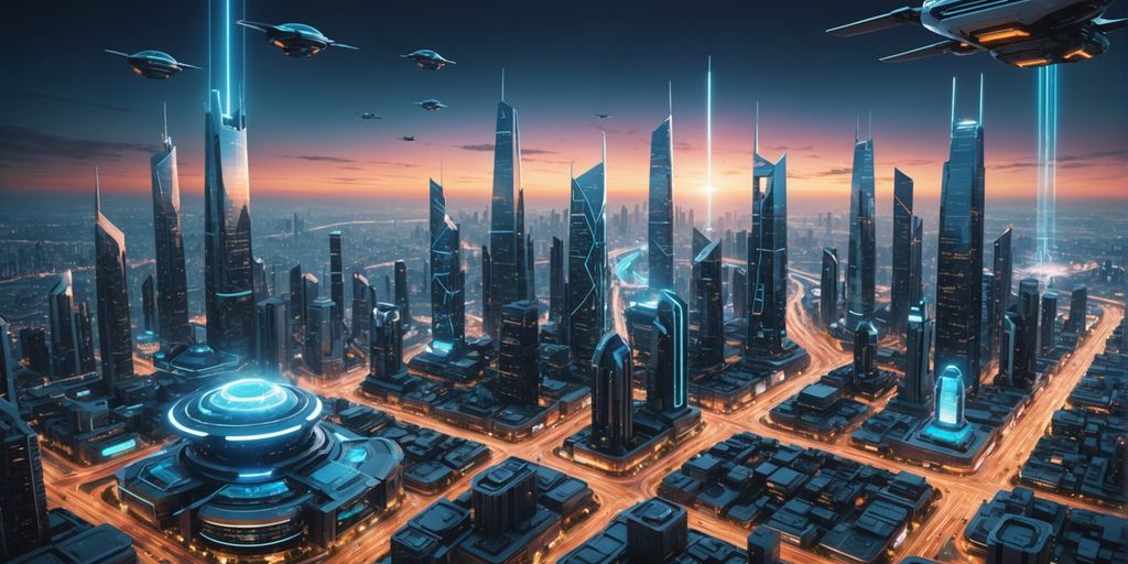 Futuristic city with AI holograms and flying cars.