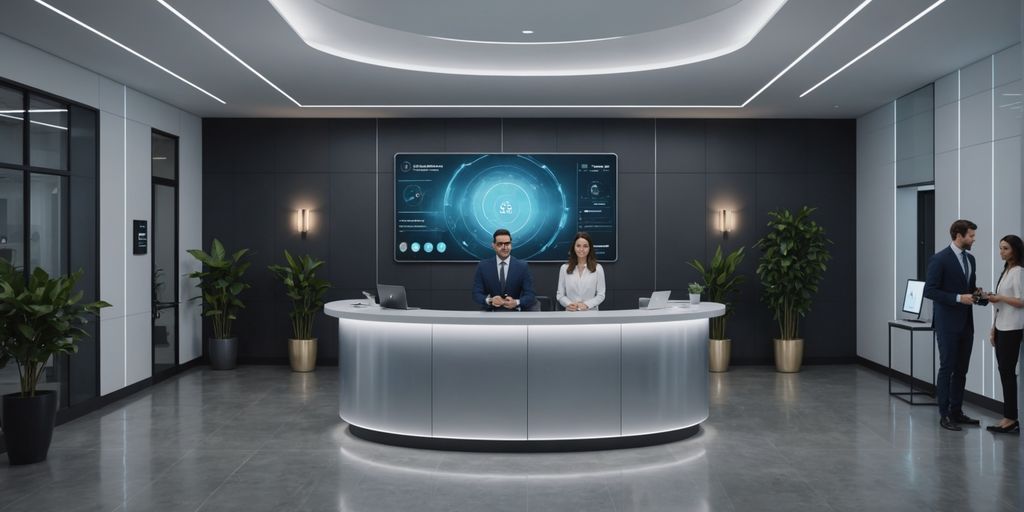 AI receptionist hologram in a modern office lobby