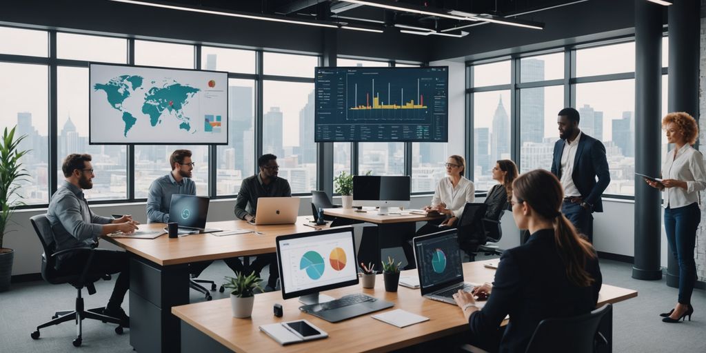 Professionals collaborating in a modern office