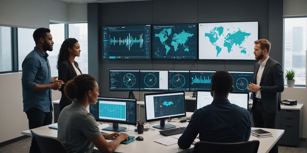 Professionals collaborating with AI algorithms on screens.