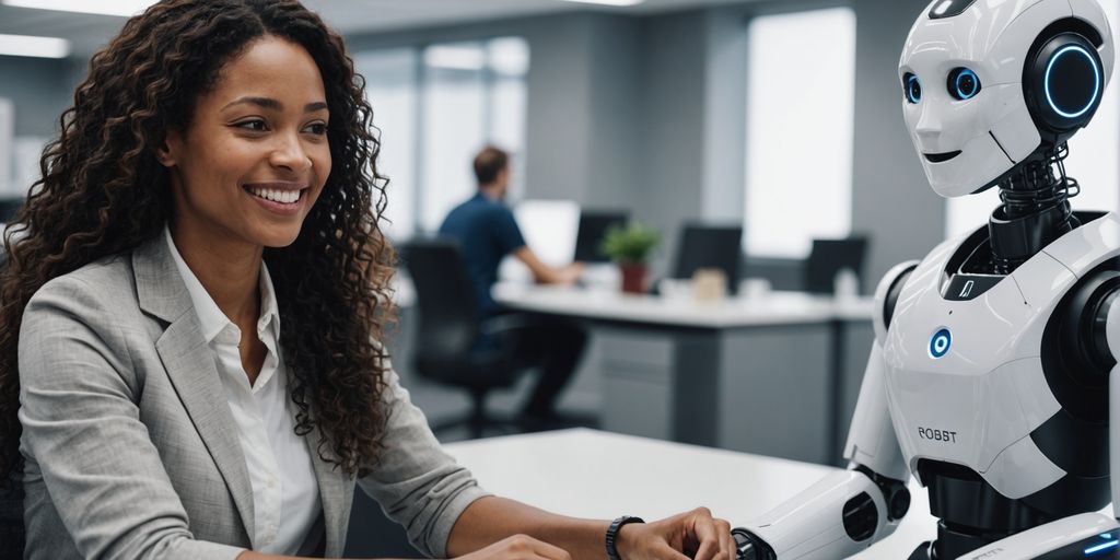 Customer service rep with friendly AI robot