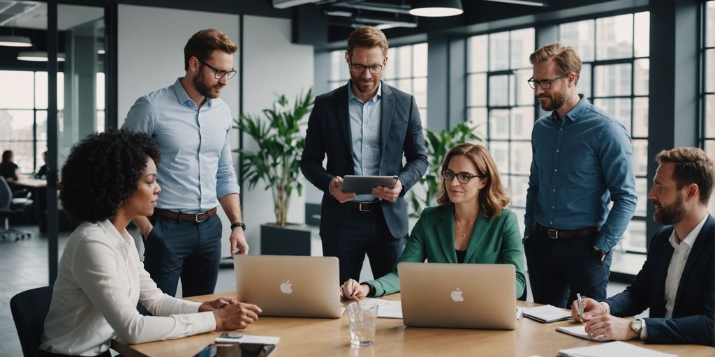 Professionals collaborating in a modern office.