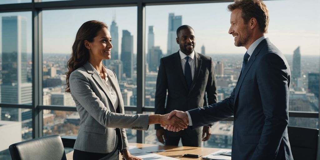 Businessperson shaking hands with client in office.