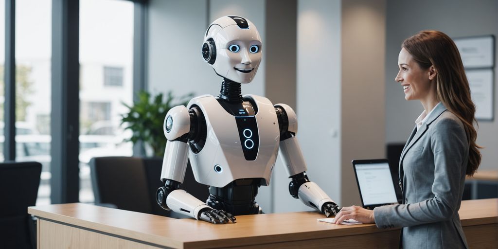 AI receptionist robot with customer at office desk