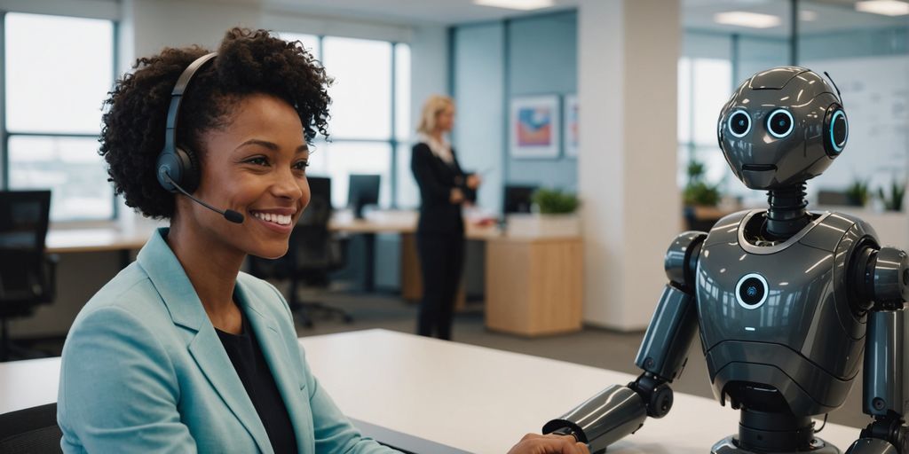 Customer service rep and robot assistant in office