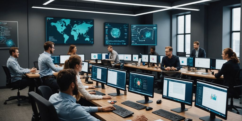 Professionals collaborating on AI projects in an office