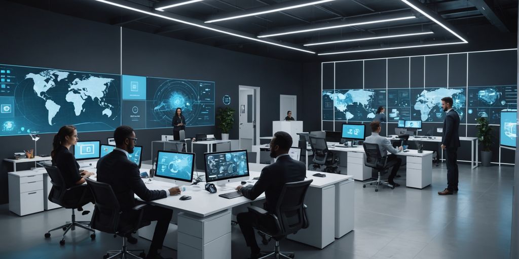 Professionals using AI devices in a futuristic office.