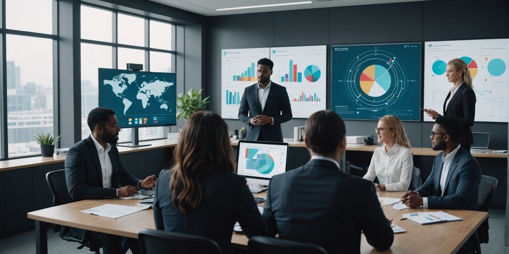 Business professionals collaborating with AI technology.