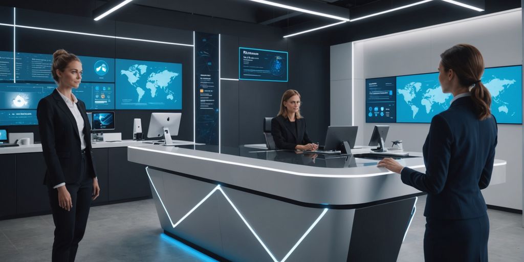 AI receptionist with holographic screens in modern office.