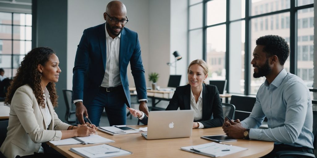 Team discussing in a modern office.