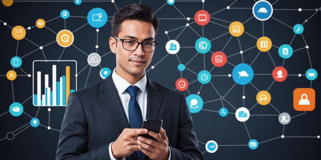 Business professional with smartphone and growth icons.