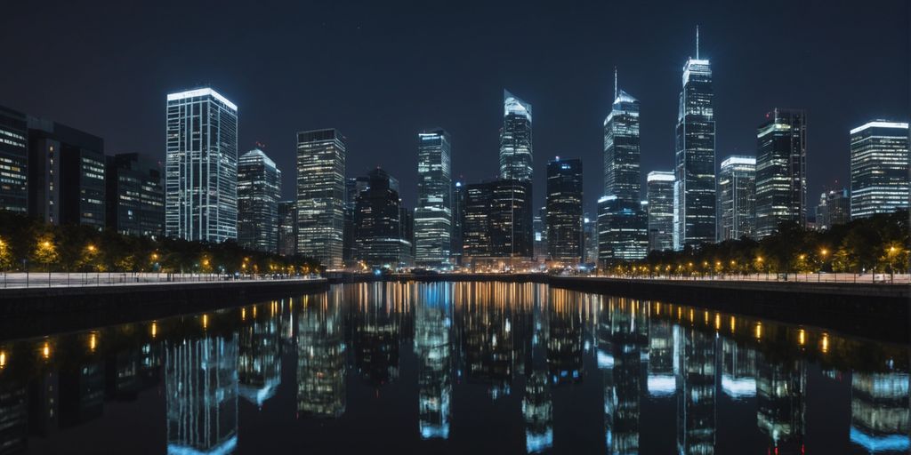 Night cityscape with illuminated office buildings and river reflection.