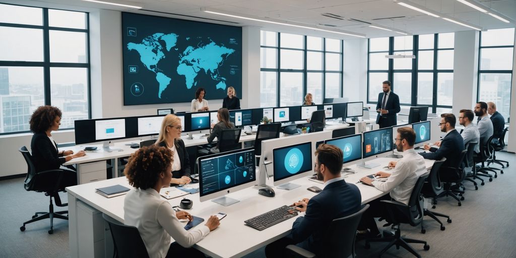 Professionals using AI tools in a modern office