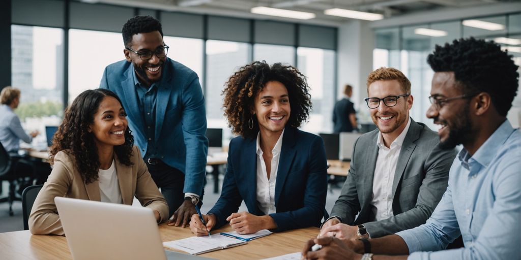 Business professionals collaborating in modern office.