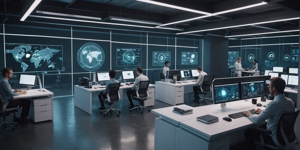 Humans and AI robots working together in a modern office.