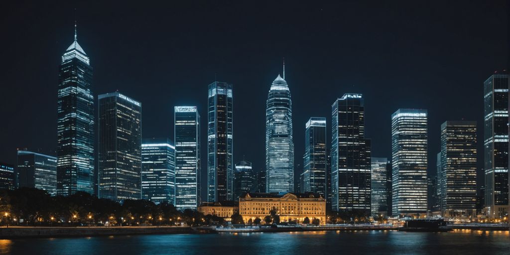Night cityscape with illuminated office buildings.