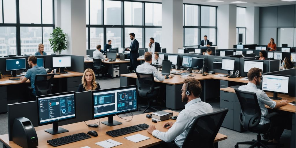 Modern office with employees using AI-powered devices.