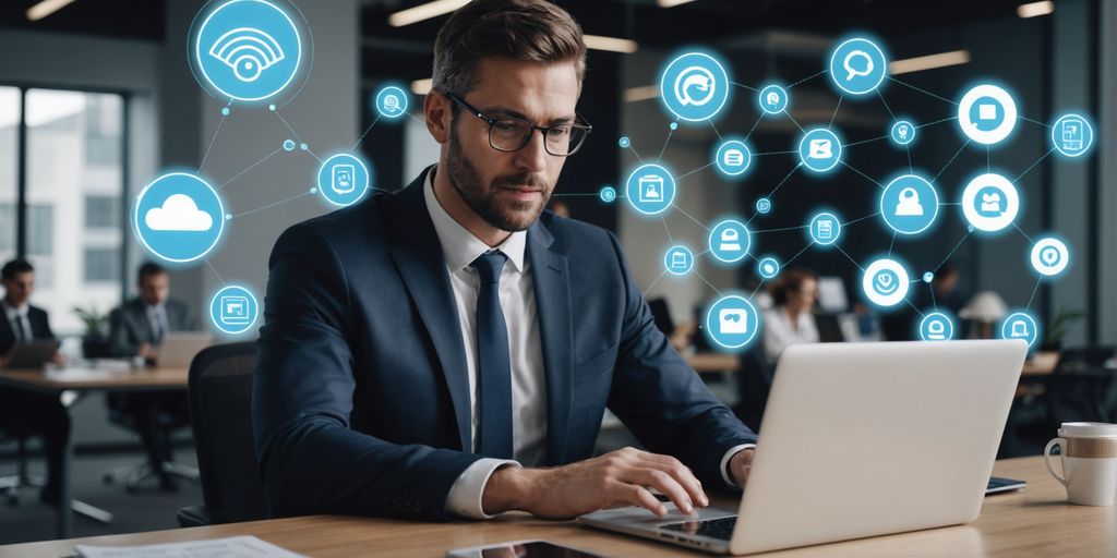 Businessperson using smartphone and laptop with virtual assistant icons.