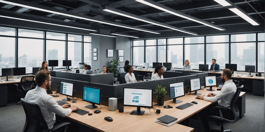 Professionals using AI-driven devices in a modern office.