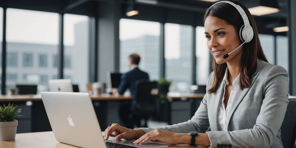 Businesswoman with headset working on laptop