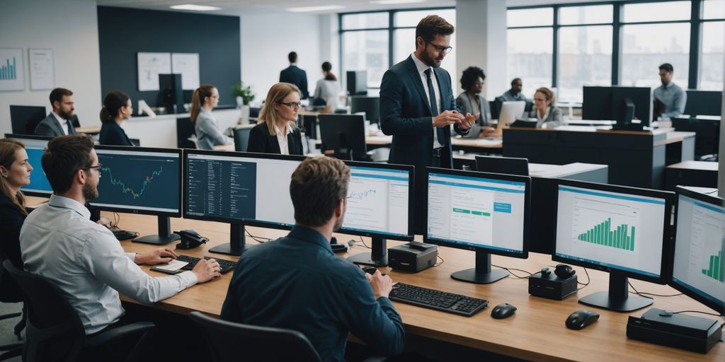 Office with employees and virtual assistant interface