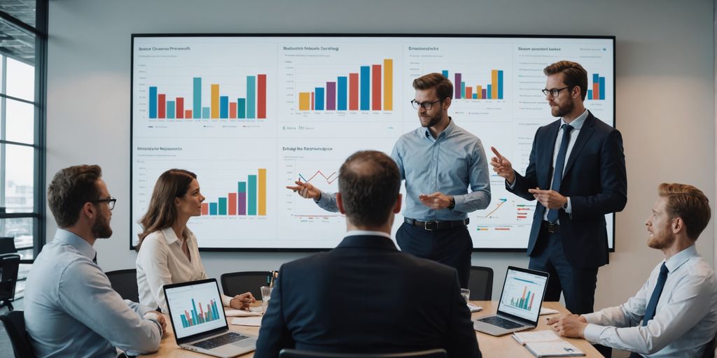 Business professionals discussing strategies with charts