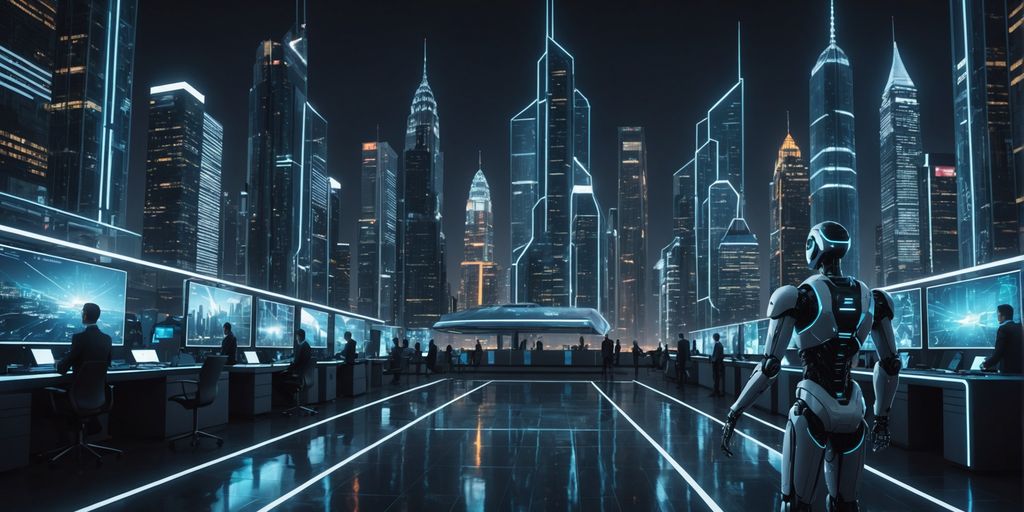 Futuristic city with AI holograms and robots at night.