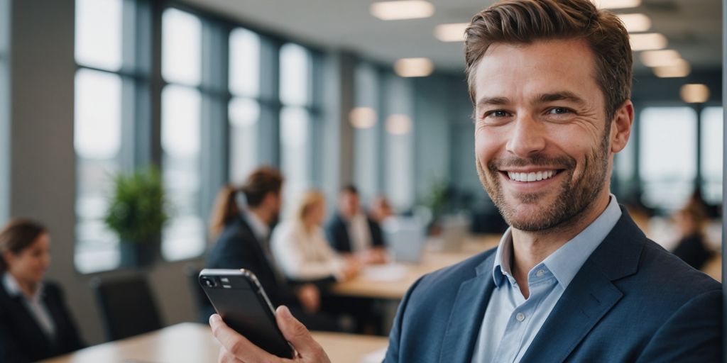 Businessperson holding smartphone in office