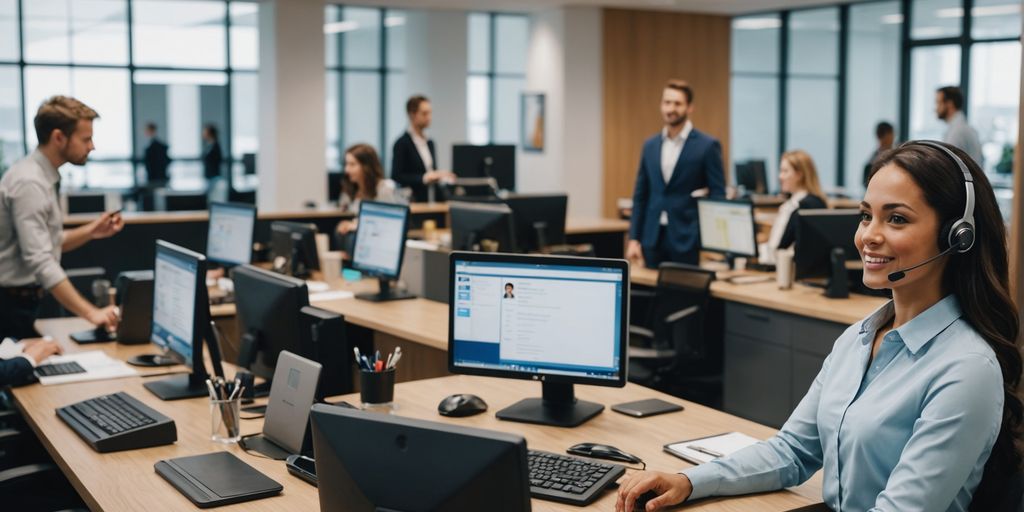 AI receptionists assisting clients in a busy office.