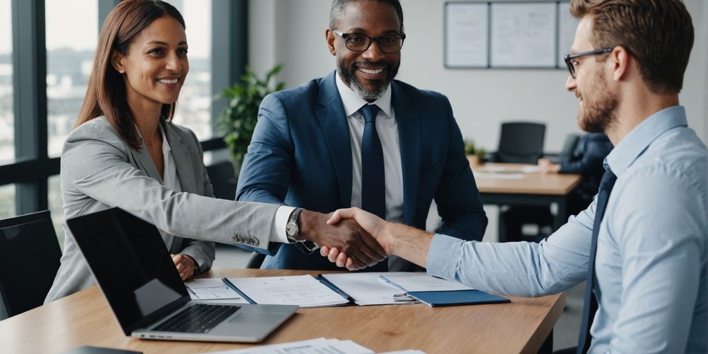 Businessperson shaking hands with a client in office.