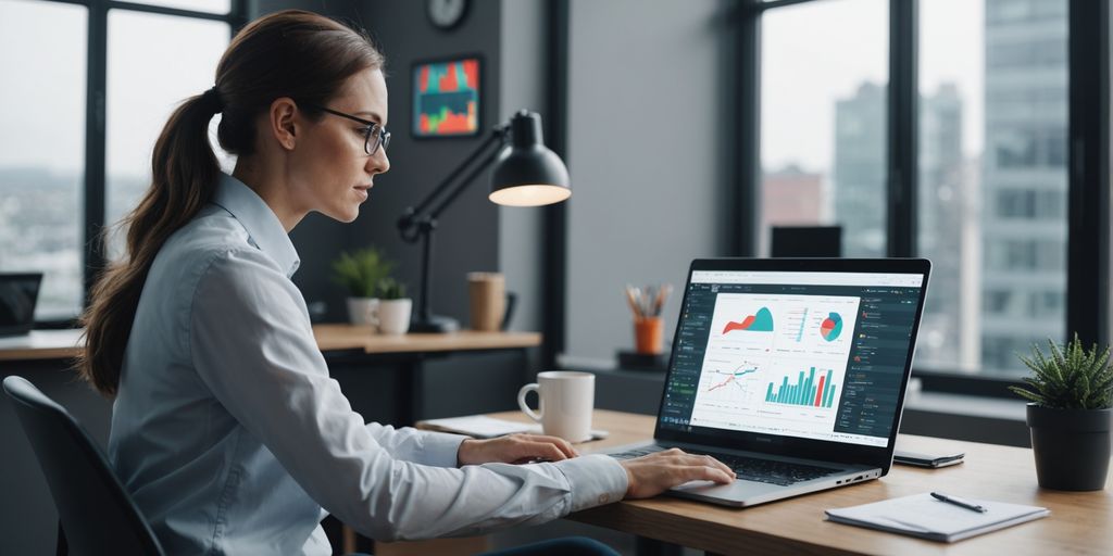 Person using laptop with AI graphics in home office