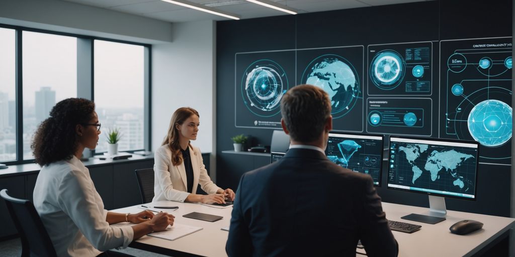 Team collaborating with AI holograms in modern office.