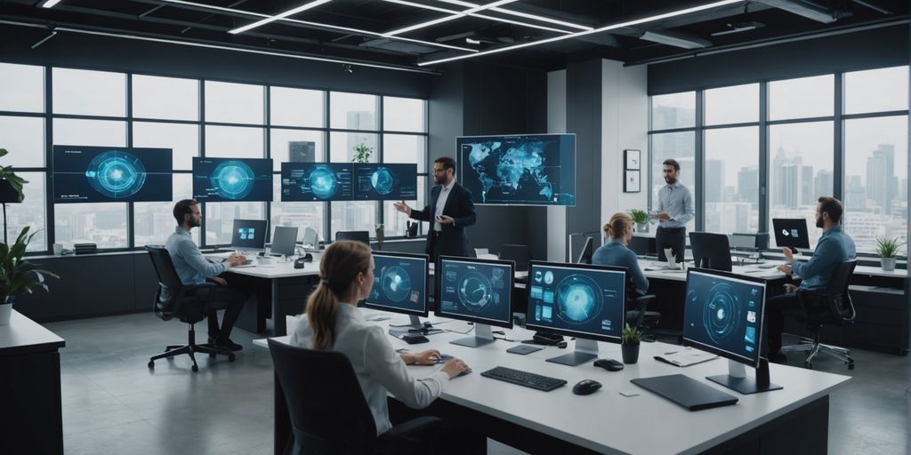 Professionals using AI holograms in a modern office.