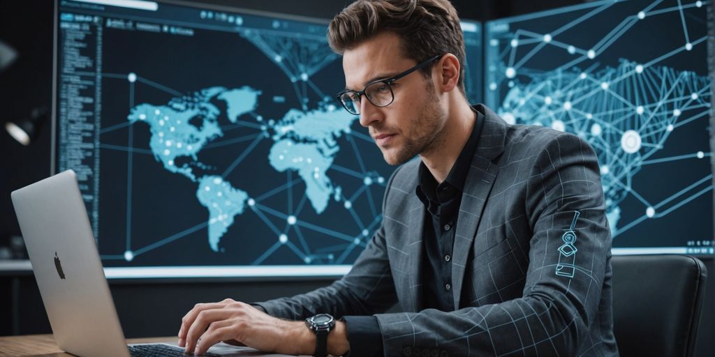 Person working on laptop with AI graphics.