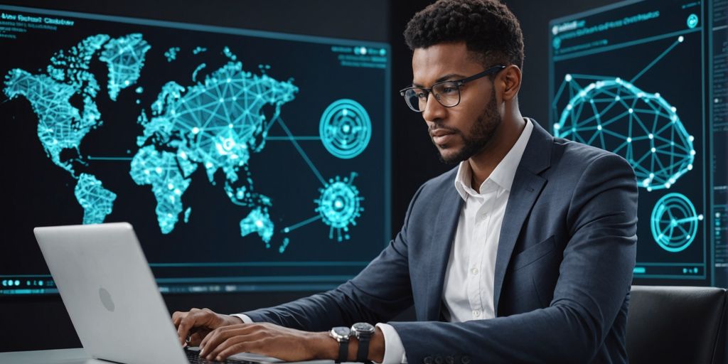 Person working on laptop with AI graphics.