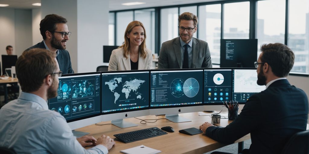 Professionals collaborating with AI communication tools on screen.