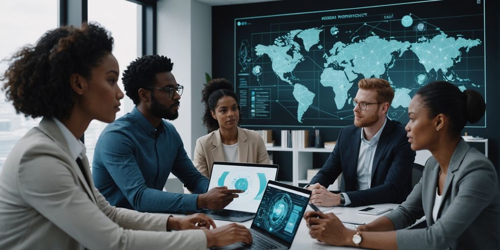 Professionals using AI holograms in a modern office.