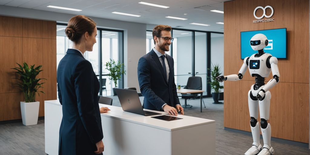 AI robot receptionist greeting a visitor in a modern office.
