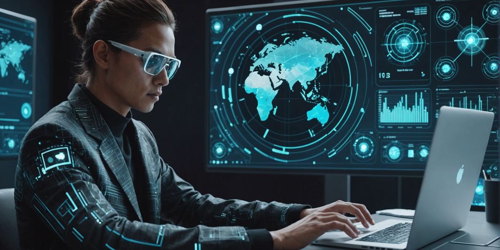 Person with laptop and AI holographic elements